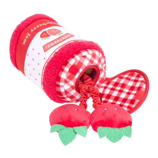 Red and white checkered dog toy with strawberry design on a white background