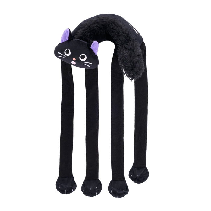 Black cat-shaped toy with long legs on a white background