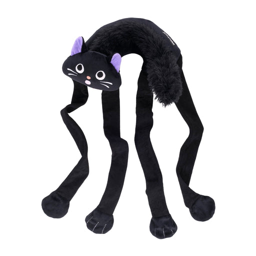 A black cat-shaped plush toy with long legs, purple ears, and a white embroidered face, shown on a plain white background.