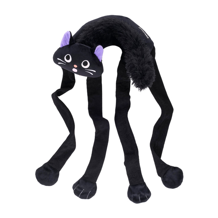 A black cat-shaped plush toy with long legs, purple ears, and a white embroidered face, shown on a plain white background.