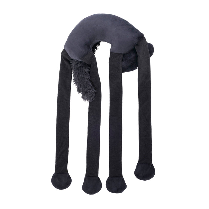 A dark gray plush neck pillow designed in the shape of a cat, featuring four long legs ending in paw-shaped tips and a fluffy tail, shown on a plain white background.
