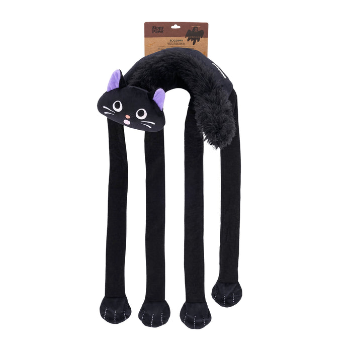 Black cat-shaped toy with long legs on a white background