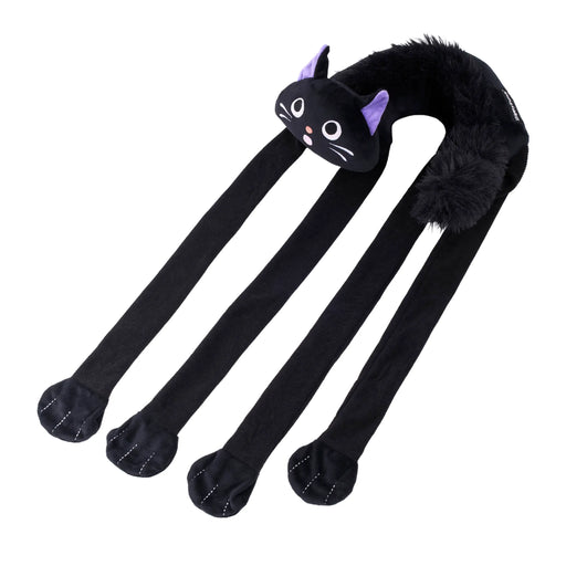 A black cat-shaped neck warmer with long legs, featuring a plush fuzzy collar, embroidered cat face with purple ears, and stitched paw details on a white background.