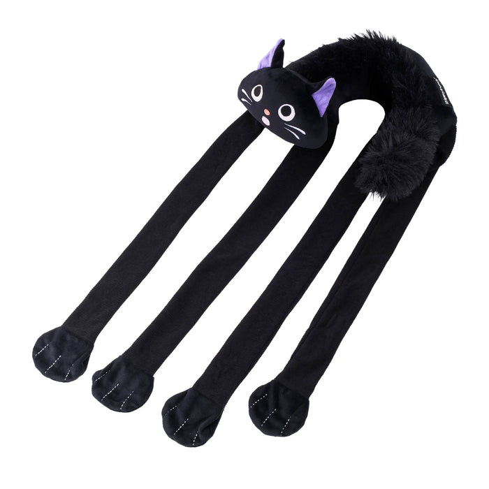 A black cat-shaped neck warmer with long legs, featuring a plush fuzzy collar, embroidered cat face with purple ears, and stitched paw details on a white background.