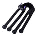 A black cat-shaped neck warmer with long legs, featuring a plush fuzzy collar, embroidered cat face with purple ears, and stitched paw details on a white background.