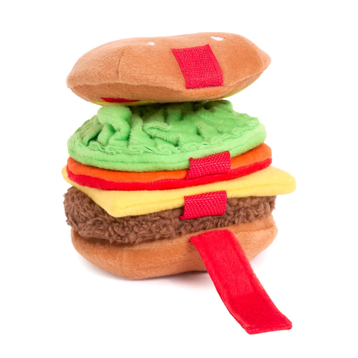 Plush toy resembling a hamburger on a white background