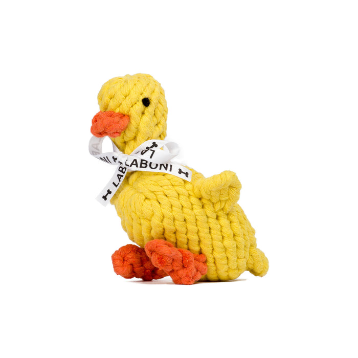 Yellow Knotted Duck Toy by LABONI on a white background