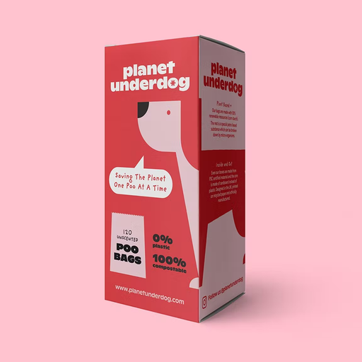 The image features a red planet underdog box with 120 unscented poo bags on a pink backdrop