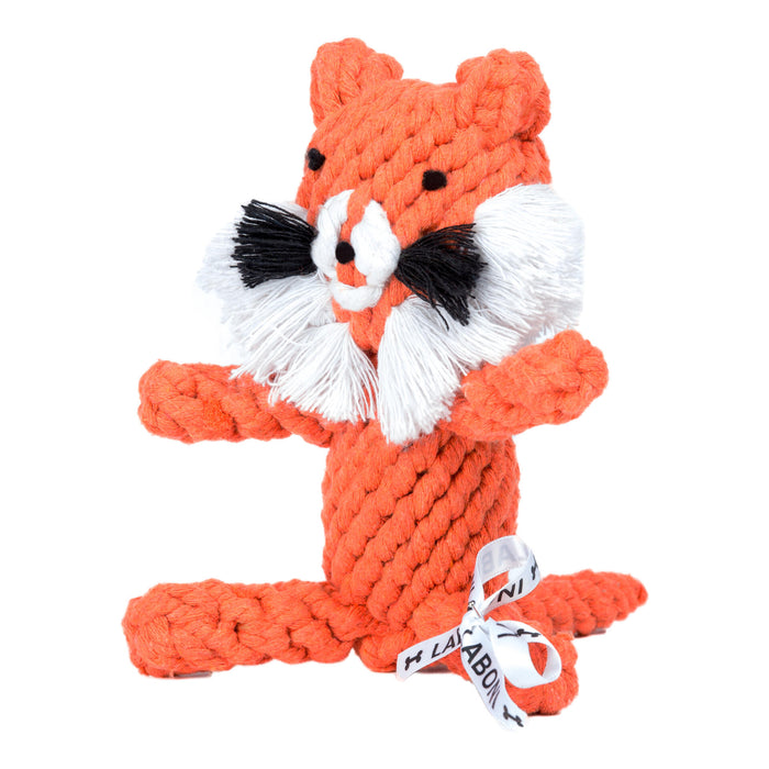 Knotted orange tiger rope toy in the shape of a tiger. Timothy has an orange coat, black whiskers and a white mane.