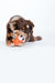 Dog chewing on knotted orange tiger rope toy in the shape of a tiger. Timothy has an orange coat, black whiskers and a white mane.
