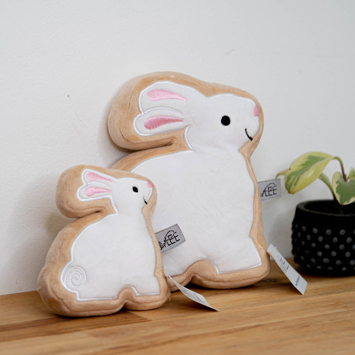 The Midlee Sugar Cookie Bunny Dog Toy side by side