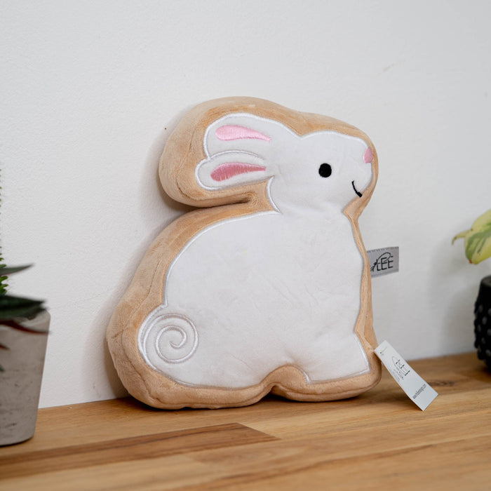 The Midlee Sugar Cookie Bunny Dog Toy on a wood table