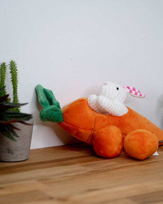 Carrot and rabbit toy laid out on a wooden table