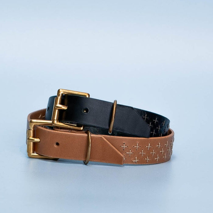 Sashiko Dog Collar: Biscuit Italian Leather