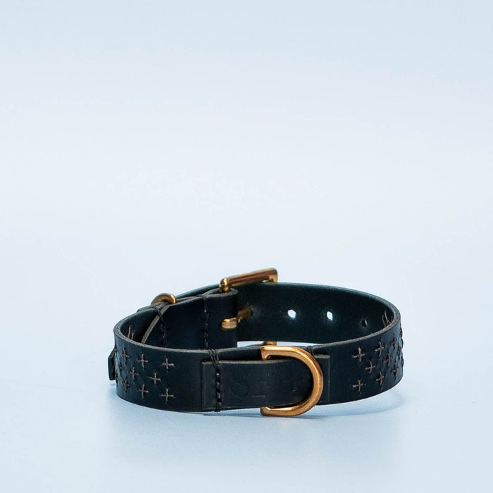 Sashiko Dog Collar: Black Italian Leather