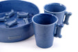 Set of "Bone" Slow Feeder Ceramic Bowls and cups in blue.