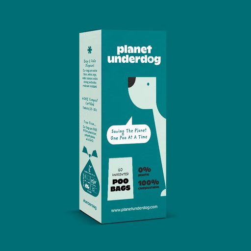 The image features a green planet underdog box with 120 unscented poo bags on a dark teal backdrop