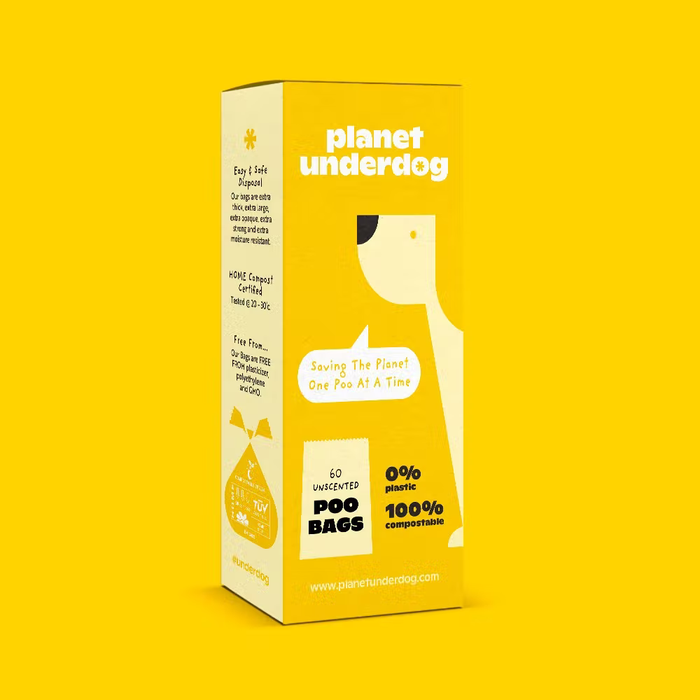 The image features a yellow planet underdog box with 120 unscented poo bags on a yellow backdrop