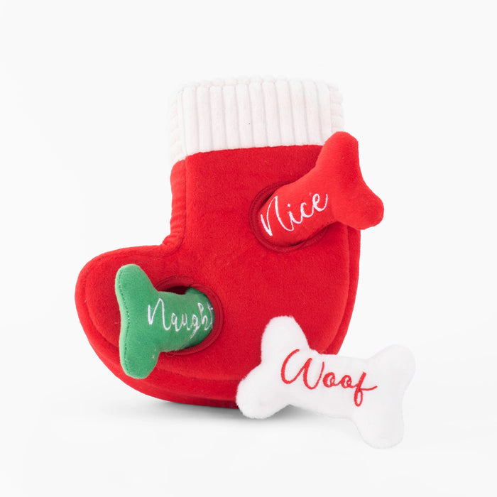 Christmas Enrichment Burrow Soft Squeaky Dog Toy - Naughty or Nice Stocking