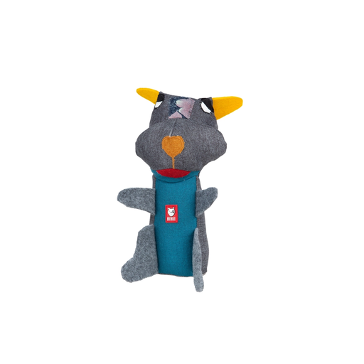 NufNuf Upcycled dog toy in grey with blue, red and yellow accents and a leather NufNuf label on a white background.