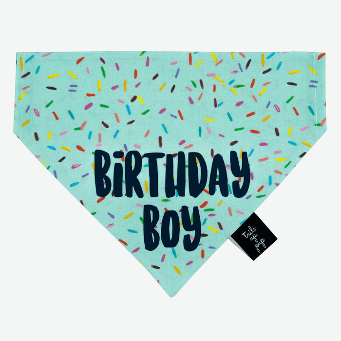 Blue sprinkle motif dog bandana with the words "Birthday boy" in navy blue. The dog bandana is placed on a white background.