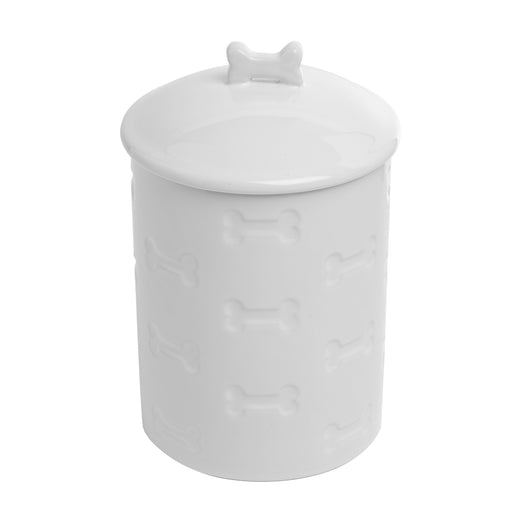 A white, bone-patterned jar is displayed on a white background.