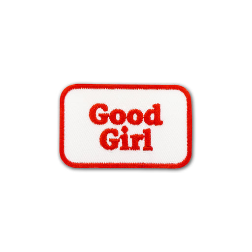Scouts Honour "Good Girl" iron-on badge with red text and a white background.
