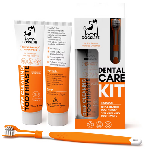 The Dogslife Dental Care Kit and its contents are displayed.