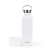 White "Dog & Me" Reusable Insulated Bottle on a white background. The bottle features a silicone cup that can be used as a dog water bowl and has a brushed chrome top with handle.